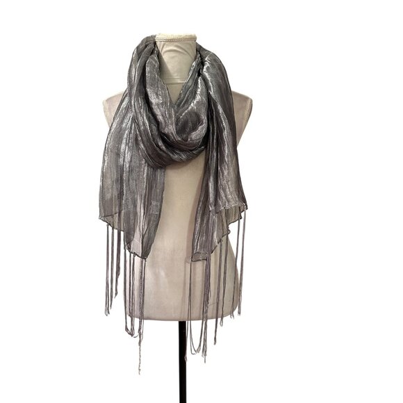 Silver Metallic Crinkle Scarf with Fringe | Sheer Glitter Shawl Wrap for Evening - Picture 5 of 5